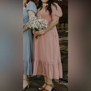 Azazie Baby Pink Cap Sleeve Midi Dresss